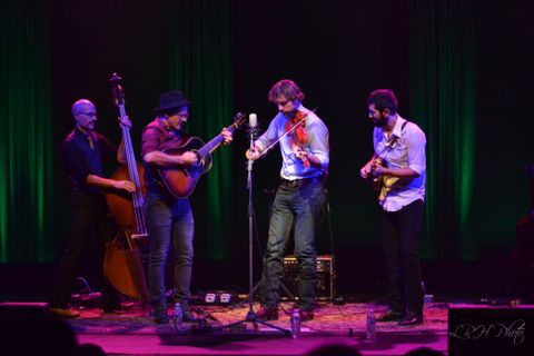 Four musicians of the bluegrass band Steel Wheels stand around a microphone. One plays upright bass, another acoustic guitar, another on fiddle, and a fourth on mandolin.