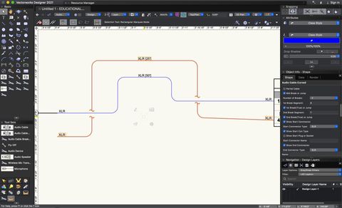 Screenshot of the Audio Cable Curved tool in Vectorworks.