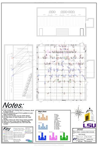 The lighting groundplan and sections. There is a key legend and magic sheet in the bottom left corner.