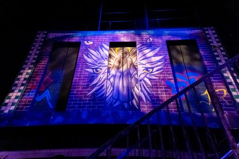 Closer view of the upstairs upstage wall with doors closed.