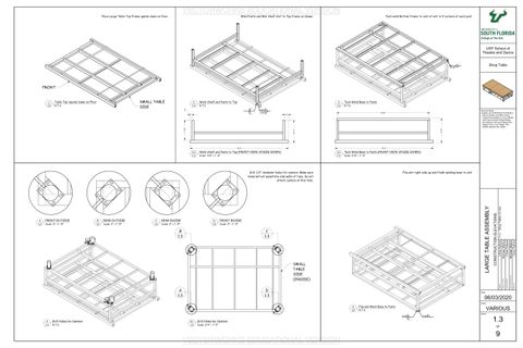 Construction elevation for the large table for a shop table showing the assembly order.