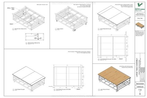 Construction elevation for the large table for a shop table showing the assembly order.