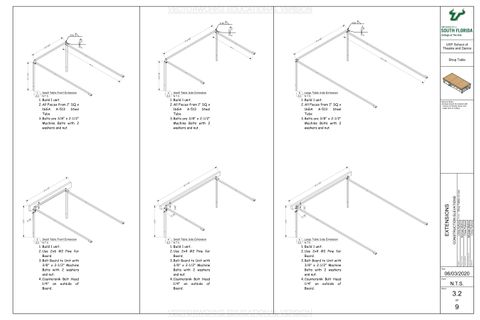 Construction elevation for the extensions for a shop table showing the assembly of each extension.